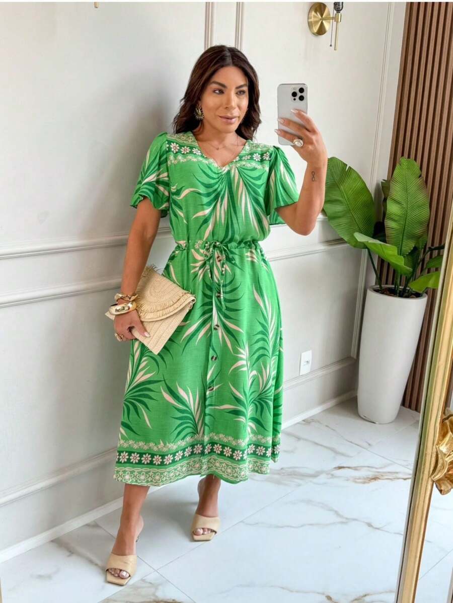 Floral Hem Dress (Thais) - 綠色 - 查看 1
