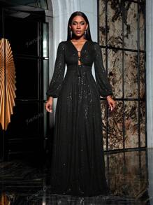 Faeriesty Vestido formal de fiesta con mangas de linterna, busto con cordón y lentejuelas, vestido de noche elegante negro de manga larga para fiesta de graduación, cena, invitados de boda