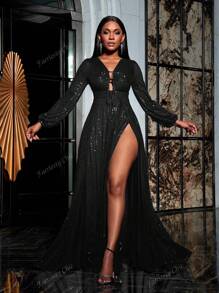 Faeriesty Vestido formal de fiesta con mangas de linterna, busto con cordón y lentejuelas, vestido de noche elegante negro de manga larga para fiesta de graduación, cena, invitados de boda