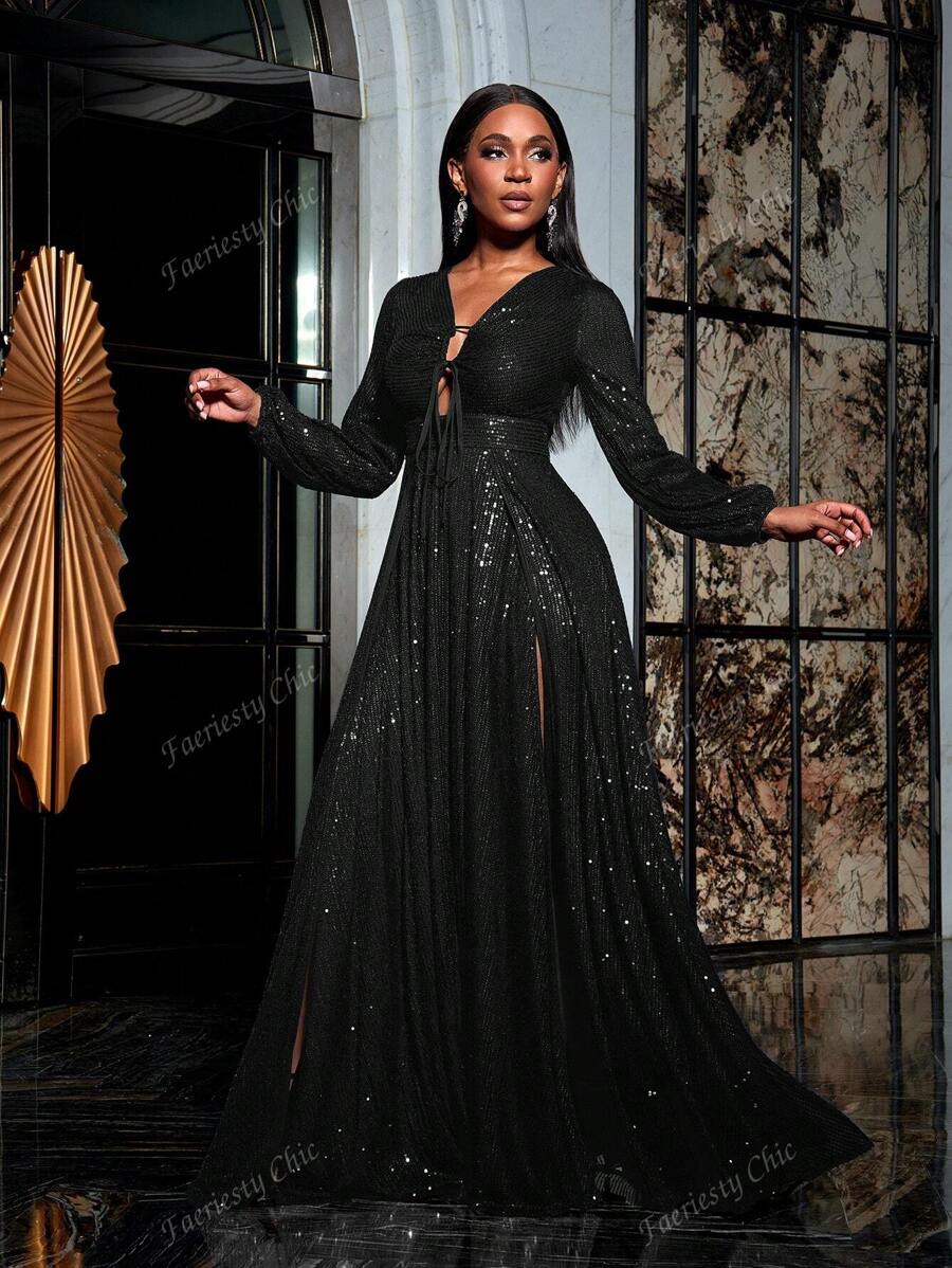 Faeriesty Vestido formal de fiesta con mangas de linterna, busto con cordón y lentejuelas, vestido de noche elegante negro de manga larga para fiesta de graduación, cena, invitados de boda