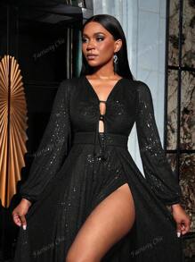 Faeriesty Vestido formal de fiesta con mangas de linterna, busto con cordón y lentejuelas, vestido de noche elegante negro de manga larga para fiesta de graduación, cena, invitados de boda