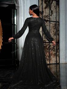Faeriesty Vestido formal de fiesta con mangas de linterna, busto con cordón y lentejuelas, vestido de noche elegante negro de manga larga para fiesta de graduación, cena, invitados de boda