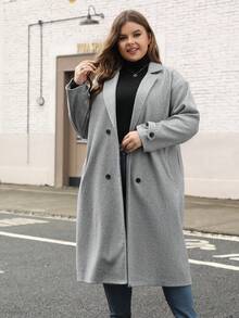 Nemidor 大码女式双排扣翻领长袖休闲长外套，秋冬 - 灰色 - 查看 2