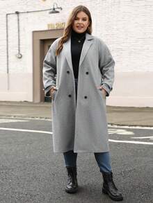 Nemidor 大码女式双排扣翻领长袖休闲长外套，秋冬 - 灰色 - 查看 1