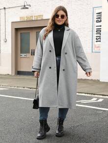 Nemidor 大码女式双排扣翻领长袖休闲长外套，秋冬 - 灰色 - 查看 3