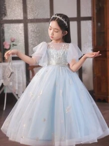 Vestido azul abultado y largo para niña preadolescente, falda de tul para bodas, fiestas y vacaciones - Azul - Ver 5