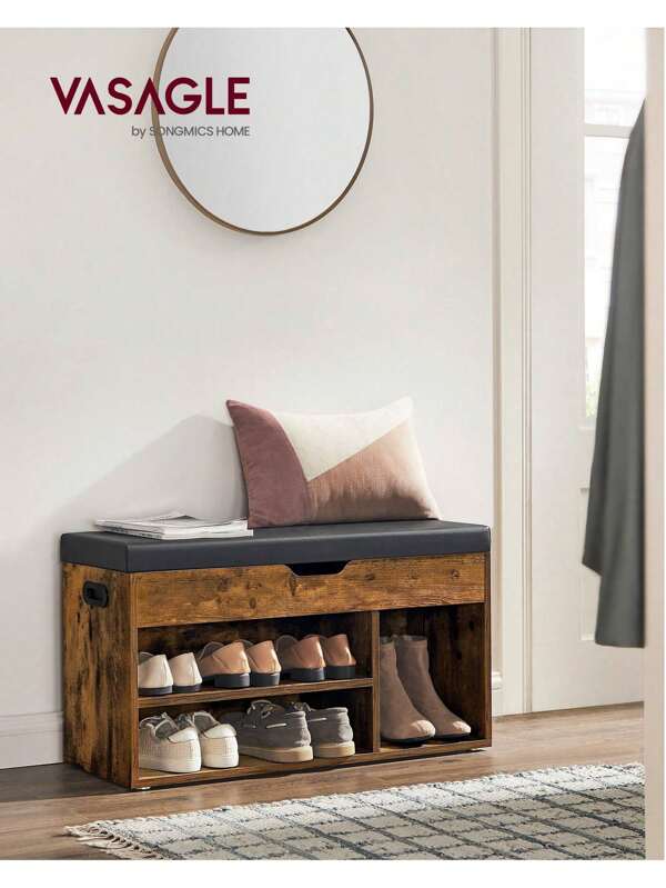 VASAGLE Shoe Bench With Cushion, Storage Bench With Padded Seat, 3 Compartments, Hidden Storage, Shelves, Living Room Lounge Hallway Bedroom, Load Capacity 150 Kg, Rustic Brown
