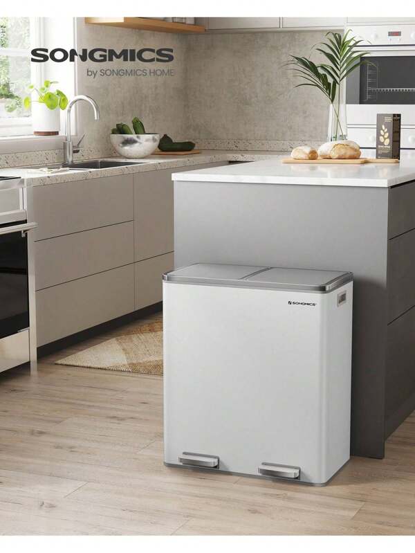 SONGMICS SONGMICS Double Compartment 2 X 30 L Rubbish Bin With 15 Bin Bags, Metal Foot Pedals, 2 Internal Plastic Buckets, Lids, Handles, Soft Close, White And Grey