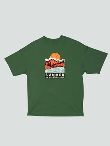 Men's Oversized Streetwear T-Shirt Print Summer On Vocation Days 100% Cotton Knit - 軍綠色 - 查看 2