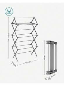 SONGMICS Foldable Clothes Airer, Clothes Drying Rack, Compact Clothes Horse Dryer, Laundry Rack, Steel Frame, Easy Assembly, Indoor Outdoor Use, Grey - Grey - View 6