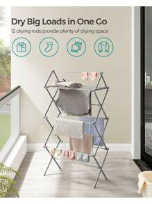 SONGMICS Foldable Clothes Airer, Clothes Drying Rack, Compact Clothes Horse Dryer, Laundry Rack, Steel Frame, Easy Assembly, Indoor Outdoor Use, Grey - Grey - View 3