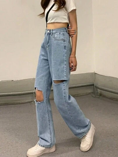 女士高腰直筒阔腿破洞休闲裤，夏季