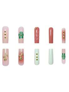 Bộ 24 móng tay giả, phấn má hồng dạng ống dài có họa tiết ngọc trai hình học màu vàng hồng, phù hợp với mọi cô gái, bao gồm cả khối đệm móng - Nhiều màu - Xem 4