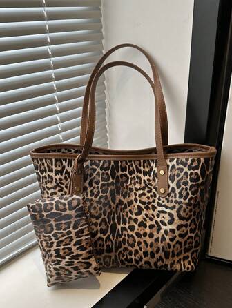 Two Sets Of Women's Large-Capacity Leopard Print Hand Bags, Fashion Retro PU Shoulder Bag, Female College Students, Novice And White-Collar Family Are Suitable For Office, University, Work, Business, Commuting, Outdoor, Travel, Excursions, Cheetah Print Bag For Women Leopard Comeback, Animal Print Women Bag, Vintage Bag For Women, New Fall Winter Tiger Print Bag For Women