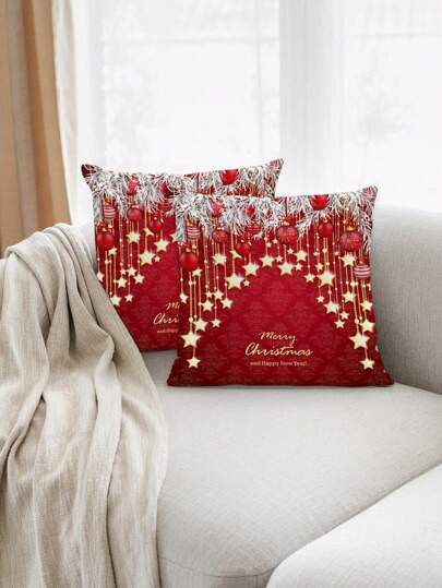 2pcs Christmas Pillow Cover Set - Geometric Pattern Red Christmas Ball, Watercolor Christmas Truck, 3 Santa Claus Cartoon, Farmhouse Style Cushion Cover For Sofa, Bedroom, 4 Seasons Use (No Filler)