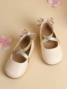 2024 新款圆头公主鞋，低帮交叉弹力金属带绑带高跟蝴蝶结一脚蹬儿童皮鞋，幼儿软底防滑舞鞋 - 杏色 - 查看 2