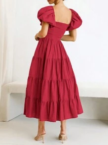 Women's Casual Summer Midi Dress Puffy Short Sleeve Square Neck Smocked Tiered Ruffle Dresses - Red - View 2