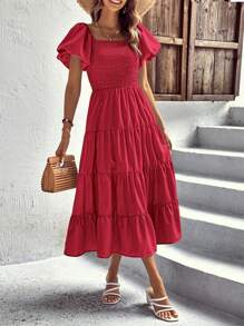 Women's Casual Summer Midi Dress Puffy Short Sleeve Square Neck Smocked Tiered Ruffle Dresses - Red - View 4