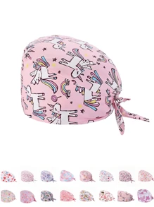 1 pieza Gorro de trabajo con estampado digital floral, animal y de corazón sobre base rosa, apto para médicos, enfermeras, salones de belleza, hospitales veterinarios y trabajadores de limpieza - Antibacteriano, antipolvo