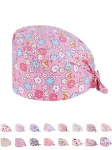 1 pieza Gorro de trabajo con estampado digital floral, animal y de corazón sobre base rosa, apto para médicos, enfermeras, salones de belleza, hospitales veterinarios y trabajadores de limpieza - Antibacteriano, antipolvo