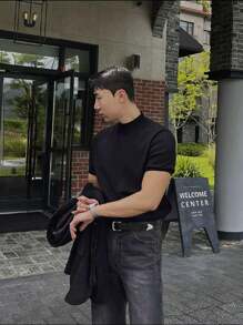 Camiseta Masculino Gola alto sólido pescoço Tops de malha