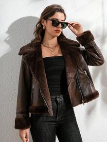 女士秋冬拉链仿皮草夹克，人造皮草大衣 - 棕色 - 查看 2
