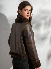 女士秋冬拉链仿皮草夹克，人造皮草大衣 - 棕色 - 查看 6