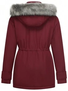 Plus Size Women Winter Drawstring Waist Hooded Fur Collar Outdoor Parka Coat - Burgundy - View 2
