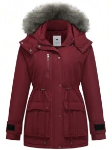 Plus Size Women Winter Drawstring Waist Hooded Fur Collar Outdoor Parka Coat - Burgundy - View 1