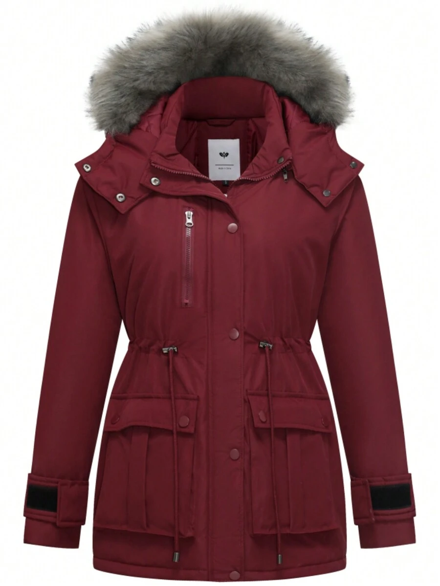 Plus Size Women Winter Drawstring Waist Hooded Fur Collar Outdoor Parka Coat - Burgundy - View 1
