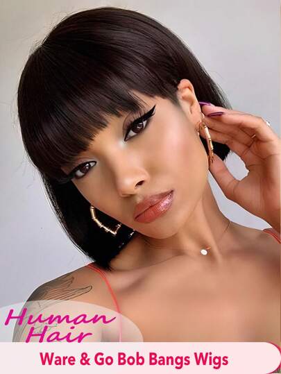 Short Human Hair Bob Wig With Bangs Straight Remy Hair Natural Black Color Wig For Women Daily Use Glueless Non Lace Wig Ware And Go Full Machine Made Wig