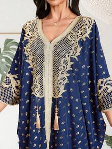 Áo Kaftan Thổ Nhĩ Kỳ in hoa dành cho nữ Áo dài Thổ Nhĩ Kỳ dành cho nữ có ruy băng dệt chắp vá và tay áo cánh dơi dập nóng, thêu khối màu, cổ tròn, tay áo cánh dơi, in toàn bộ, váy Kaftan rộng rãi, thắt lưng dệt, váy kín đáo quyến rũ, váy Ả Rập - Màu xanh hải quân - Xem 7