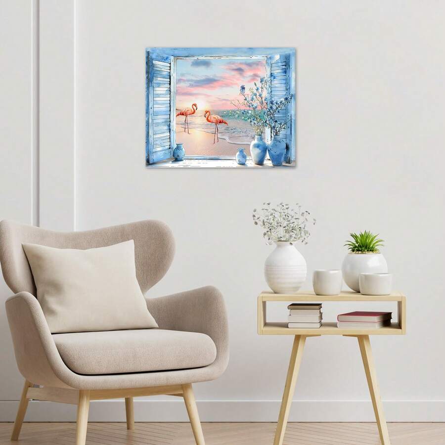 1 pieza Arte de pared de flamencos en la playa con cielo pastel, arte de pared con lienzo de flores azules en un jarrón, decoración de pared para sala de estar, dormitorio, baño, oficina, con marco listo para colgar - Multicolor - Ver 1
