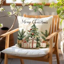 1pc Christmas Watercolor Plant Christmas Tree Pillow Cover, Single-Sided Printed Soft Peach Velvet Material, 45*45/50*50/40*40CM Cushion Cover For Modern Fabric Sofa Indoor Decor, Party Decoration, Gift - Multicolor - View 6