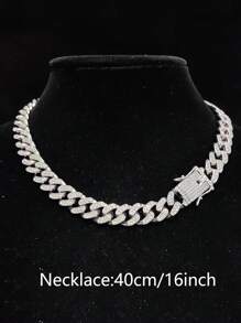 1 件菱形全水钻时尚闪亮链条项链，男女通用嘻哈风格，适合日常佩戴首饰