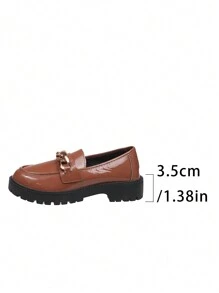 Women Slip-On Flat Loafer Shoes, Fashion Chain Decor Button Round Toe Low Heel Black Patent Leather Women Flats