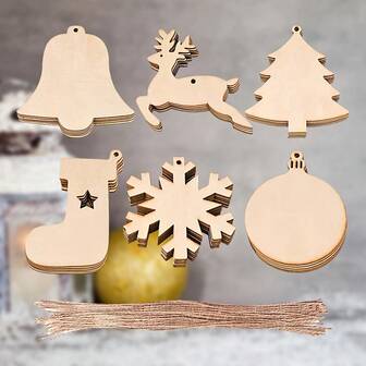60 件 DIY 木制节日装饰品，未加工木屑，附赠 60 根绳子 - 树形木制 DIY 吊坠 - 6 种不同的木屑，包括树、驯鹿、雪花、袜子、铃铛、圆形树形装饰品，多用途悬挂，可手工装饰，是生日、家居装饰、圣诞节装饰、房间装饰、冬季圣诞节装饰、家居圣诞礼物、圣诞装饰的最佳选择。