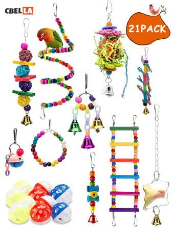 CasaBella Set De Juguetes Para Aves De 5/16/21 Piezas Con Columpio, Cuerdas De Escalada, Posadero En Espiral, Escalera,Campana, Hamaca Y Juguetes Masticables Para Loros , juguetes para pájaros multicolores , soporte para posarse, juguetes para loros, Accesorio De Jaula Suministros Para Pájaros Mascotas Periquitos