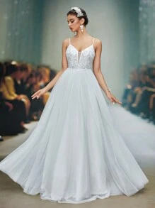 Mgiacy、新品、背心、V领、刺绣重缝线、亮片、网眼、优雅、高端、新娘婚纱、长裙、新娘 - 白色 - 查看 6