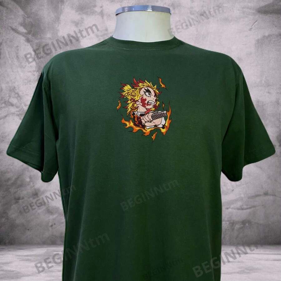 Rengoku Embroidered T-Shirt Anime Kimetsu Unisex Blouse 100% Cotton Geek Streetwear - 綠色 - 查看 1