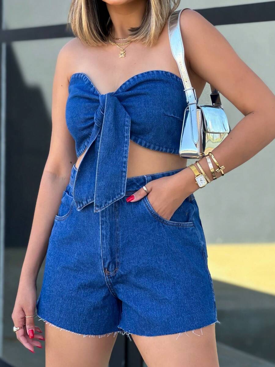 KISS ME LADY Kissmelady 001# conjunto feminina jeans cropped com short blusa com shot tamanho p 38 m 40 g 42 - Lavagem escura - Visão 1