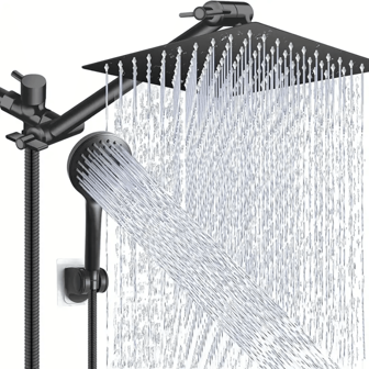 Shower Head, 8-Inch High-Pressure Rainwater Shower Head/Handheld Shower Combination With 11 Inch Extended Arm, 5 Adjustable Leak Proof Shower Heads With Bracket/Hose, Adjustable Height/Angle (Black) Home Bathroom Decor Summer Bathroom Accessories