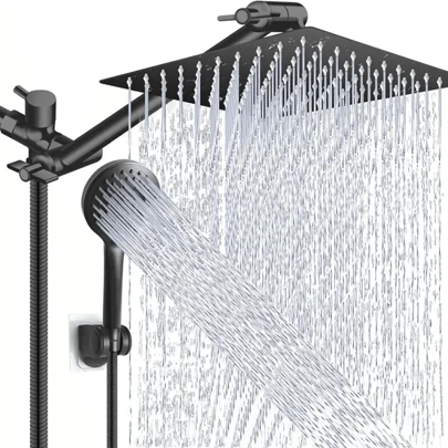 8-Inch High Pressure Rain Shower Head/Handheld Shower Combo With 11-Inch Extension Arm, 5 Adjustable Anti-Leak Shower Heads, Bracket/Hose Included, Height/Angle Adjustable (Black), Home Bathroom Decor, Summer Bathroom Accessory