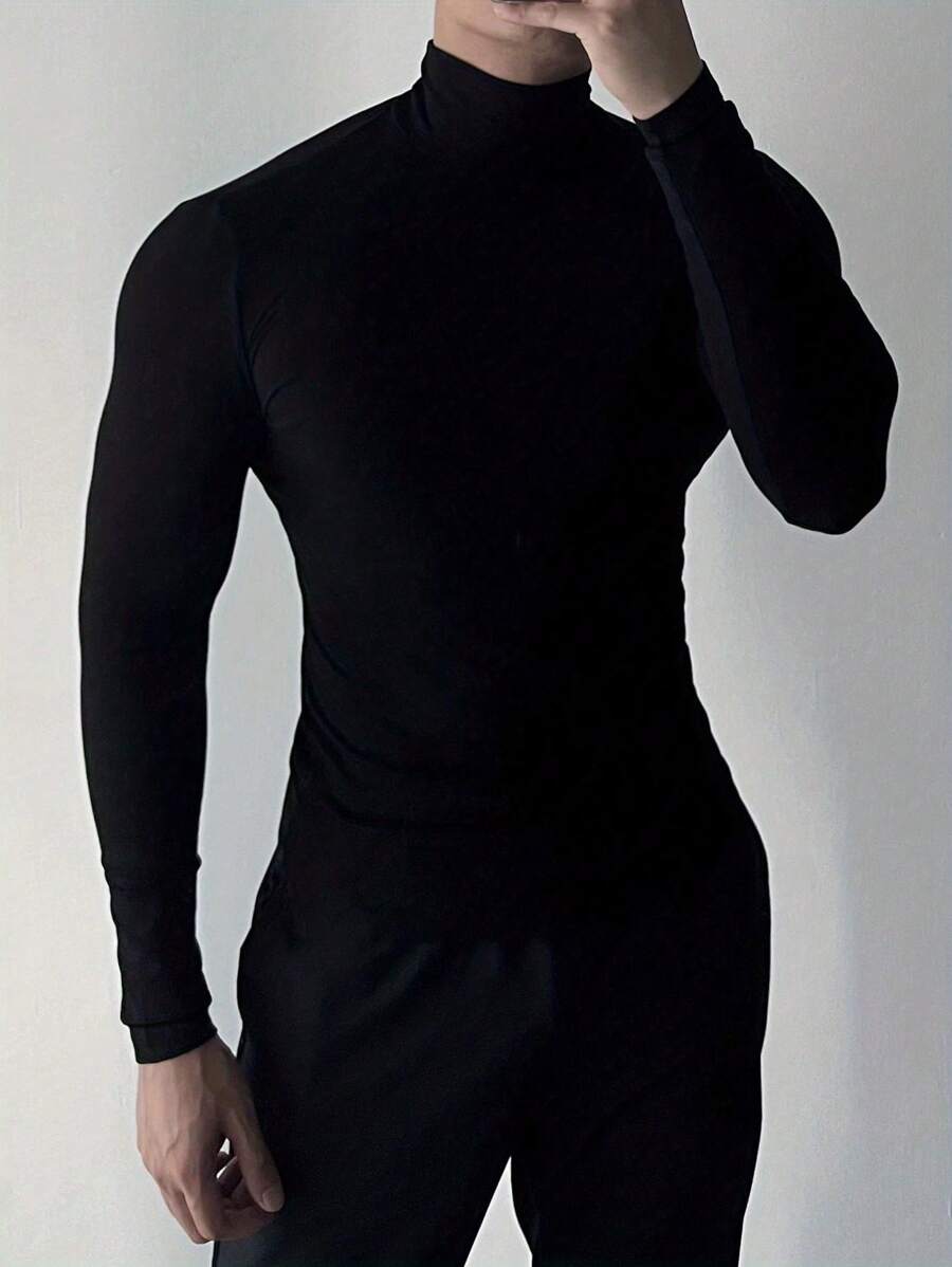 Áo thun nam dài tay cổ cao dáng ôm, màu trơn, thời trang, đa năng, phù hợp cho đi làm hàng ngày vào mùa xuân và mùa thu. - màu đen - Xem 1
