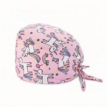 1 pieza Gorro de trabajo con estampado digital floral, animal y de corazón sobre base rosa, apto para médicos, enfermeras, salones de belleza, hospitales veterinarios y trabajadores de limpieza - Antibacteriano, antipolvo