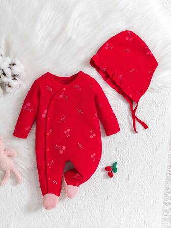 2件套新生女婴樱桃印花全覆盖长袖连体衣和帽子基本款家居服套装
