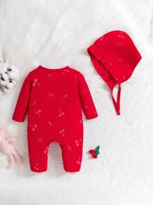 2件套新生女婴樱桃印花全覆盖长袖连体衣和帽子基本款家居服套装
