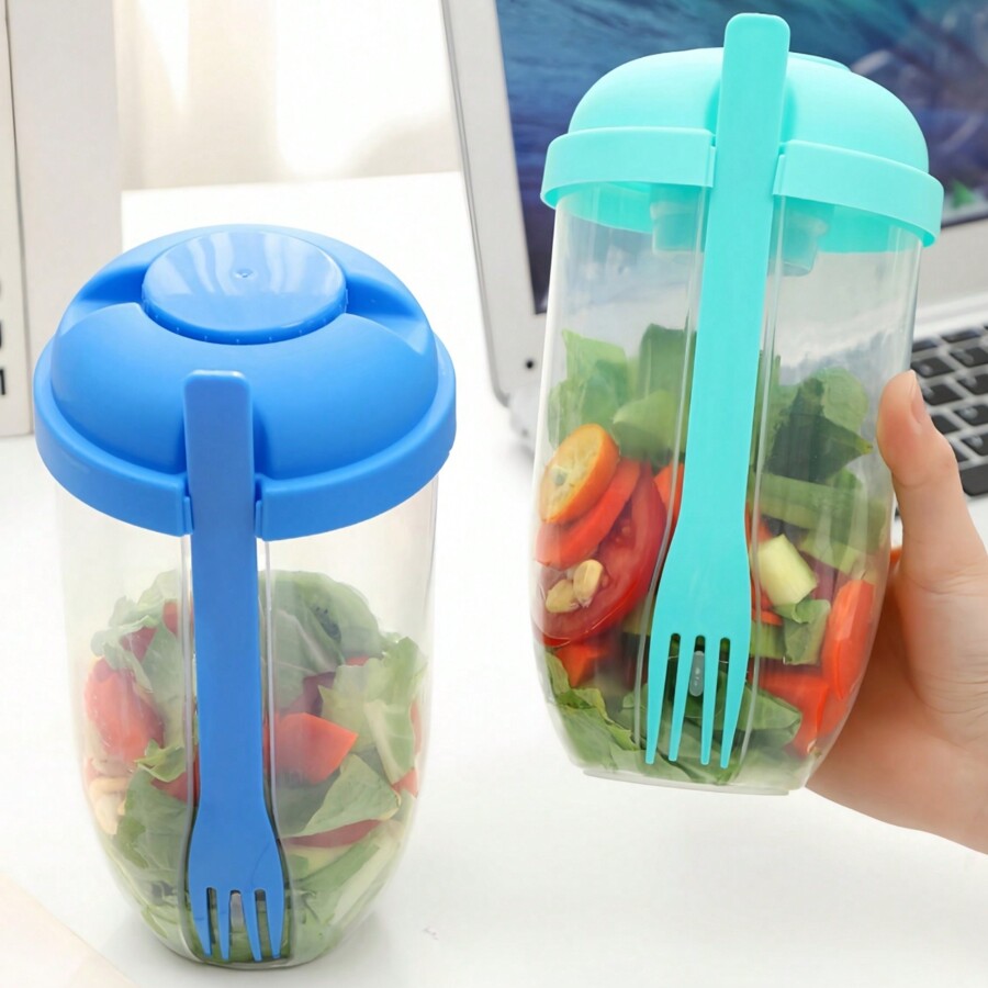 1pc Large Capacity Breakfast Cup, Portable Salad Shaker Cup With Fork