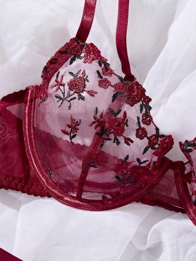 Women Geborduurde Mesh See Through Underwire Verleidelijke Lingerie Set Rave view 3
