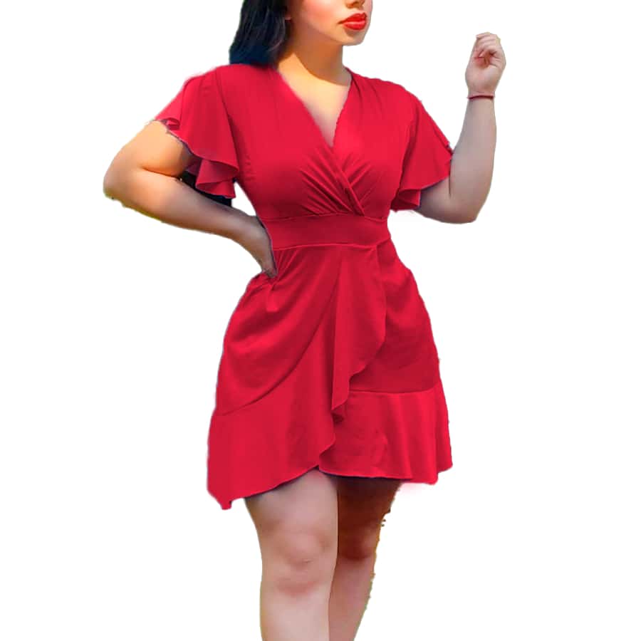 V-Cut Ruffle Dress - Red - View 1